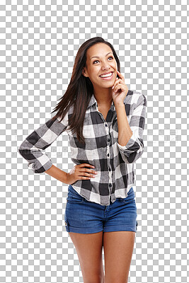 Buy stock photo Woman, fashion and thinking in streetwear with happiness on smart look, satisfied with outfit on isolated transparent png background. Style, trends and stylish in clothes, smile and chic dress code 