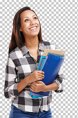 Buy stock photo Woman, student and thinking with university folder and smile and ready for class and studying. Happy, confidence and school folder with exam paper for learning isolated on transparent, png background