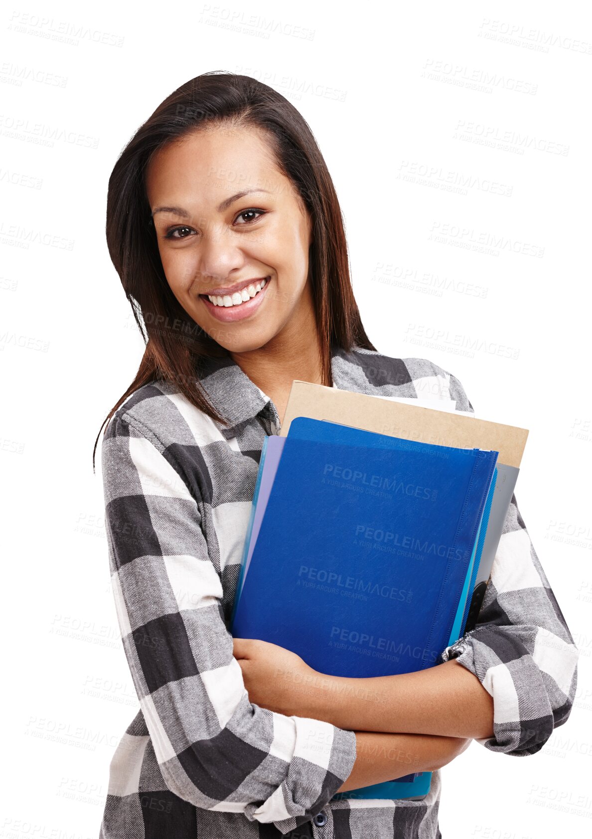 Buy stock photo Woman, student and portrait with university folders and smile and ready for class and studying. Happy, confidence and school notes with exam paper for learning isolated on transparent, png background