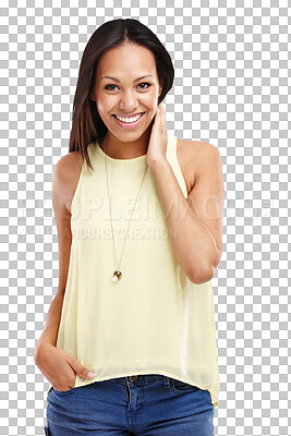 Buy stock photo Portrait, smile and fashion with woman in tank top isolated on transparent background in trendy clothes. Happy, style and confidence with casual young model in chic or relaxed clothes outfit on PNG