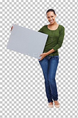 Buy stock photo Woman, poster mockup for advertising and portrait with information or announcement isolated on png transparent background. Happy with banner, board or sign for marketing, presentation and news