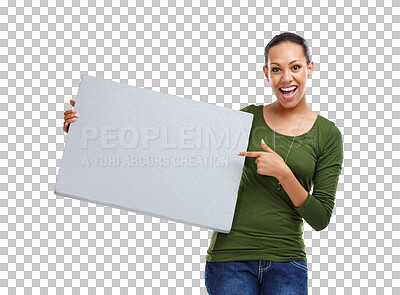Buy stock photo Woman, pointing at poster for advertising and surprise in portrait for info or announcement on png transparent background. Wow face, banner or sign for marketing mockup, presentation and news ads