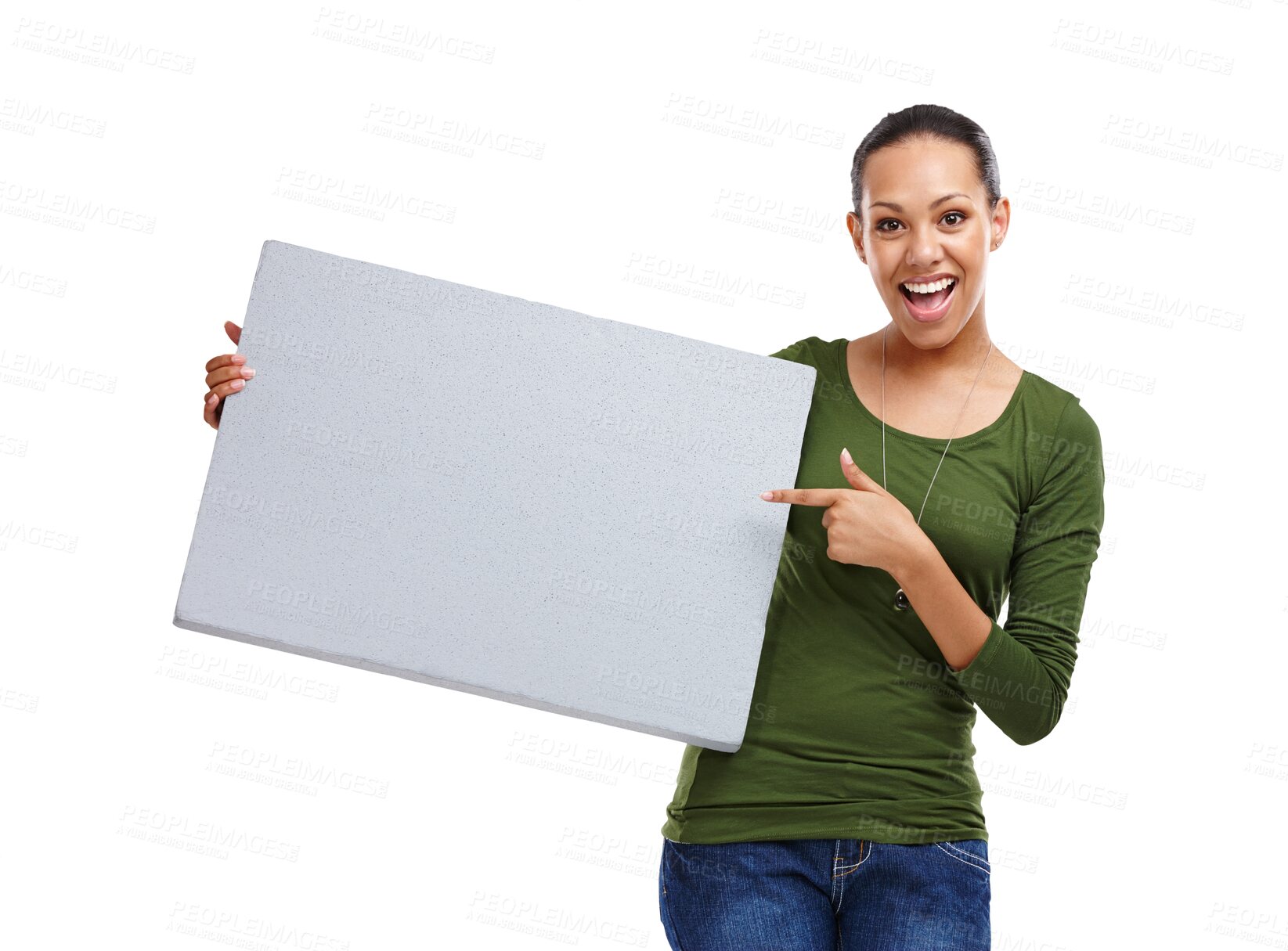 Buy stock photo Woman, pointing at poster for advertising and surprise in portrait for info or announcement on png transparent background. Wow face, banner or sign for marketing mockup, presentation and news ads
