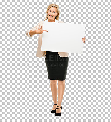 Buy stock photo Smile, portrait and business woman with poster for marketing, promotion or advertising mockup. Happy, pointing and professional female person with empty space billboard by transparent png background.