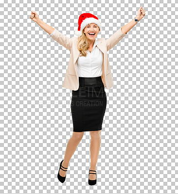 Buy stock photo Portrait, winner and business woman at Christmas party isolated on transparent background for celebration. Smile, success and happy with excited young employee cheering on PNG for December holiday