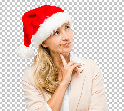 Buy stock photo Holiday, thinking and woman in business on Christmas with question on transparent, isolated or png background. Professional, person and remember ideas for festive event, decision or planning