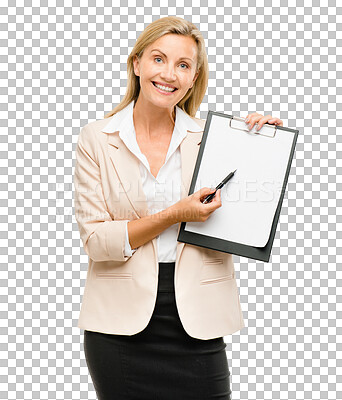 Buy stock photo Businesswoman, portrait and clipboard for sign up document or application isolated on png background. Transparent, survey or paper with mockup space or form for contract, signature or registration