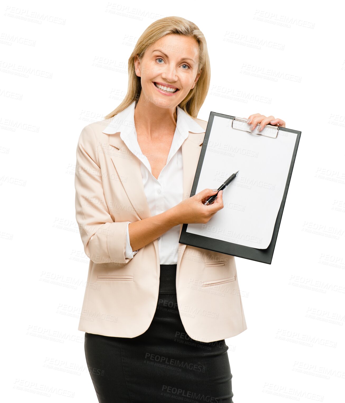 Buy stock photo Businesswoman, portrait and clipboard for sign up document or application isolated on png background. Transparent, survey or paper with mockup space or form for contract, signature or registration