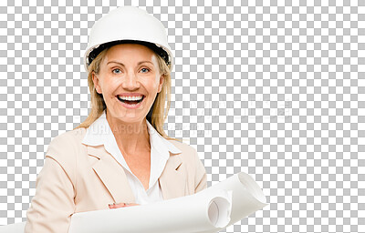 Buy stock photo Portrait of happy woman, architect or floor plan with documents in construction or architecture planning. Smile, engineering or female engineer with blueprint isolated on transparent png background