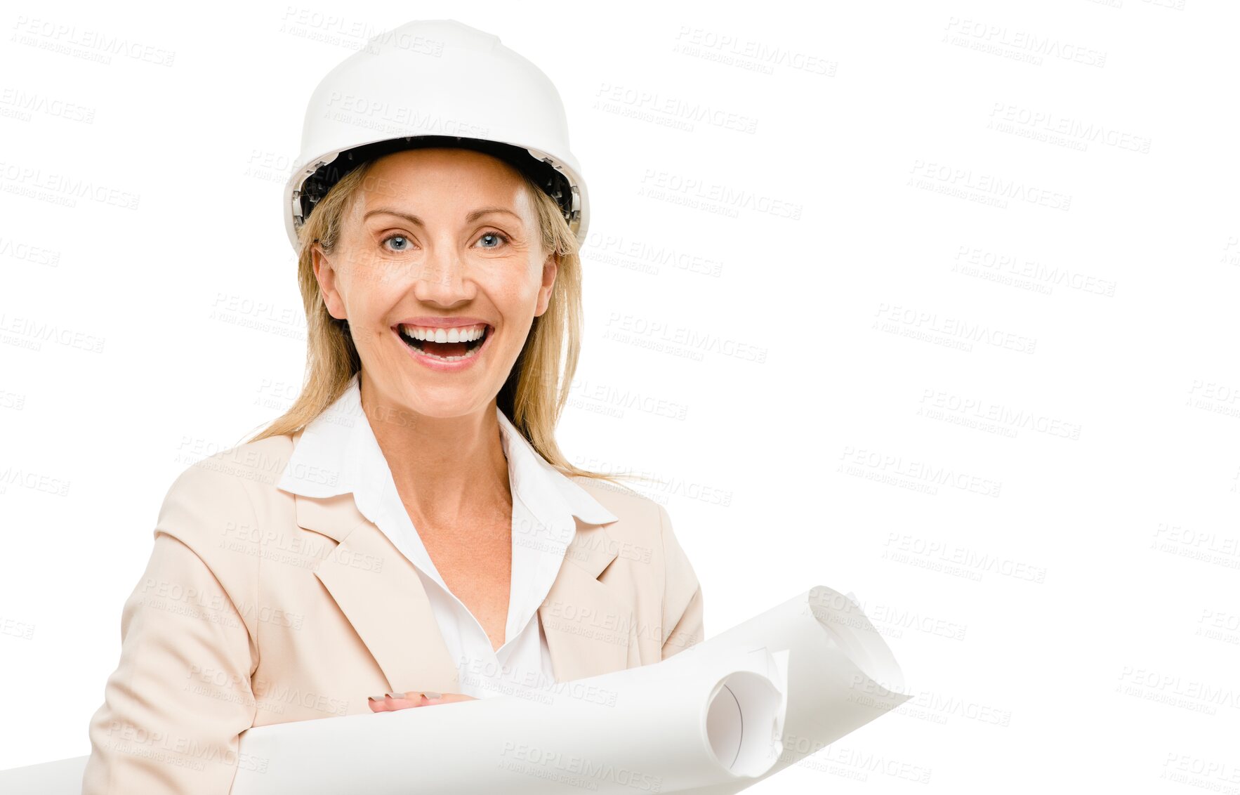 Buy stock photo Portrait of happy woman, architect or floor plan with documents in construction or architecture planning. Smile, engineering or female engineer with blueprint isolated on transparent png background