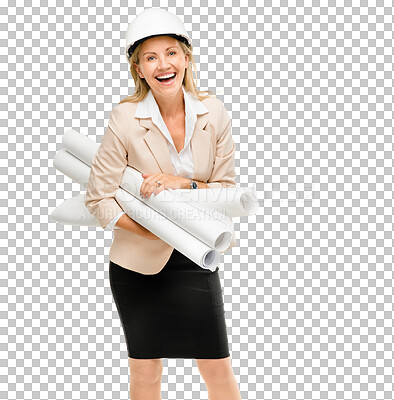 Buy stock photo Woman, architect and portrait with blueprint or building construction or project planning, renovation or development. Female person, hard hat or isolated transparent png background, site or inspector
