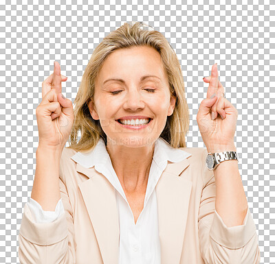 Buy stock photo Face, hope and fingers crossed with business woman isolated on transparent background for superstition. Smile, hands and wish for luck with mature professional employee on PNG for good fortune