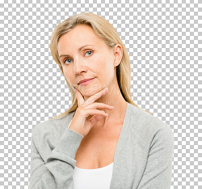 Buy stock photo Mature woman, thinking and reflection with memory, relax and thoughtful isolated on png transparent background. Ideas, solution and insight in portrait with contemplation, question and remember