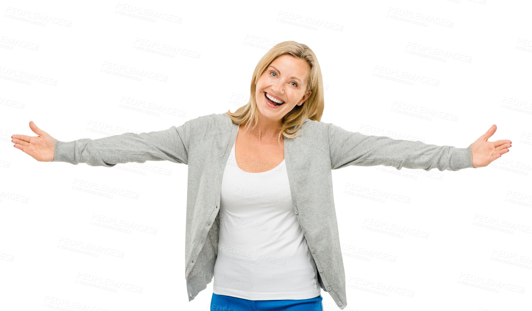 Buy stock photo Woman, portrait and open arms on isolated, transparent and png background for happiness and smile. Mature female person, excited and hug in cut out, frame and joy for promotion, celebration or love
