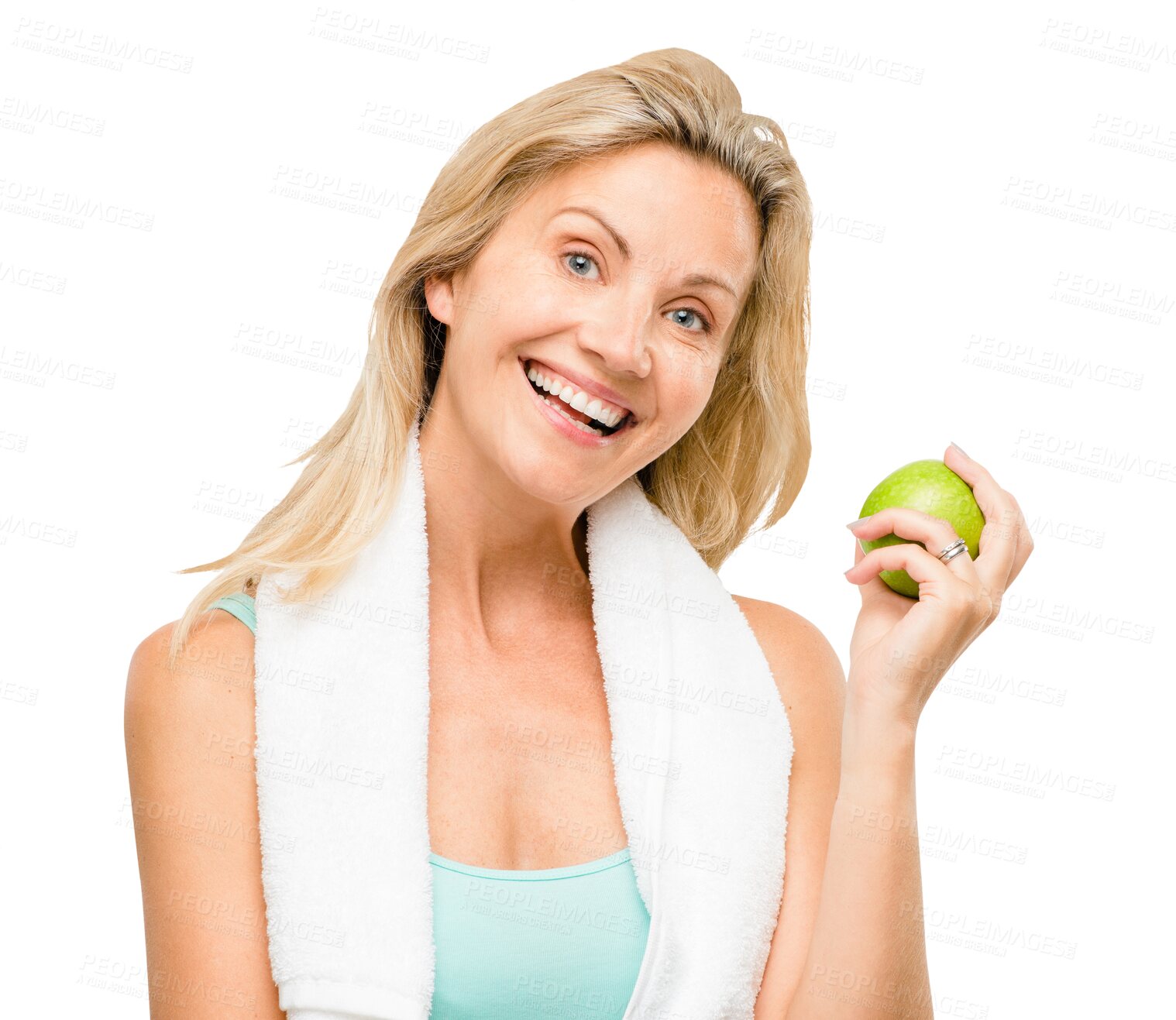 Buy stock photo Mature woman, portrait and apple for health with fitness, diet  and nutrition isolated on png transparent background. Green fruit, vitamins and wellness, organic and vegan for happiness and self care