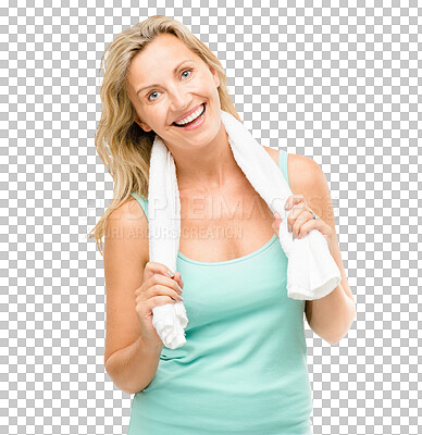 Buy stock photo Portrait, exercise and towel with senior woman, isolated and  png background for health. Fitness, smile and active with a happy mature female, transparent and athlete ready for a workout at gym