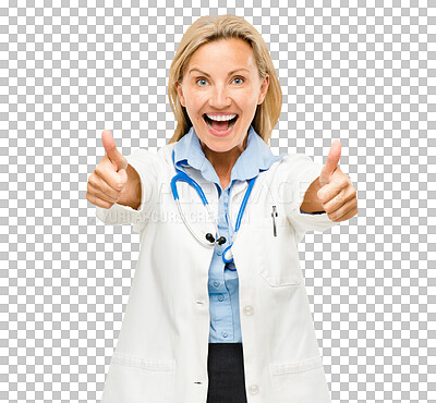 Buy stock photo Mature woman, doctor and excited with thumbs up in portrait for healthcare review isolated on png transparent background. Like, yes and agreement with support for medicine, surgeon and feedback
