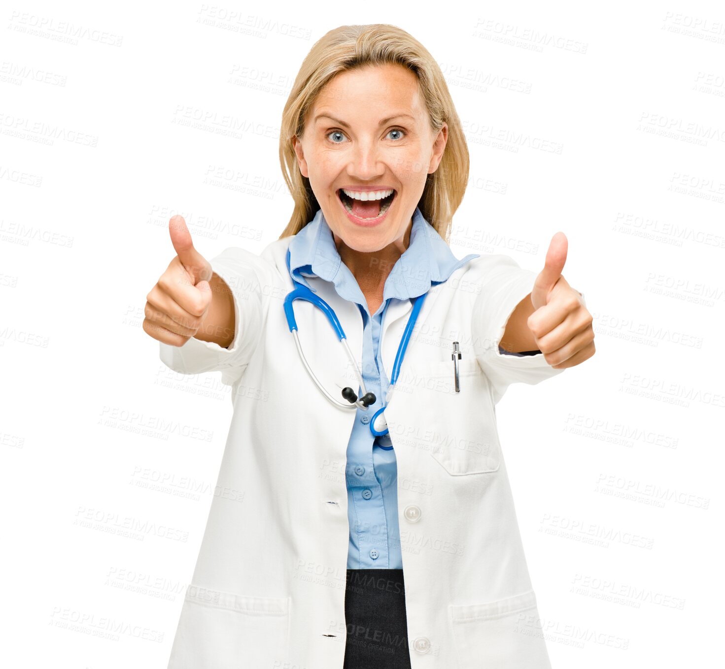 Buy stock photo Mature woman, doctor and excited with thumbs up in portrait for healthcare review isolated on png transparent background. Like, yes and agreement with support for medicine, surgeon and feedback