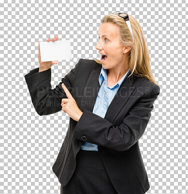 Buy stock photo Excited, pointing and woman with business card mockup for marketing, promotion or advertising. Happy, placard and professional female person with paper isolated by transparent png background.