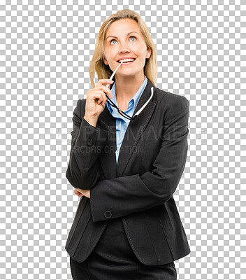 Buy stock photo Business, woman and thinking of ideas or planning on transparent, isolated or png background. Professional, future and person in finance smile with questions or remember a strategy for investment