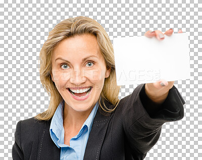 Buy stock photo Excited, portrait and woman with business card mockup for marketing, promotion or advertising. Happy, placard and professional female person with empty space paper by transparent png background.