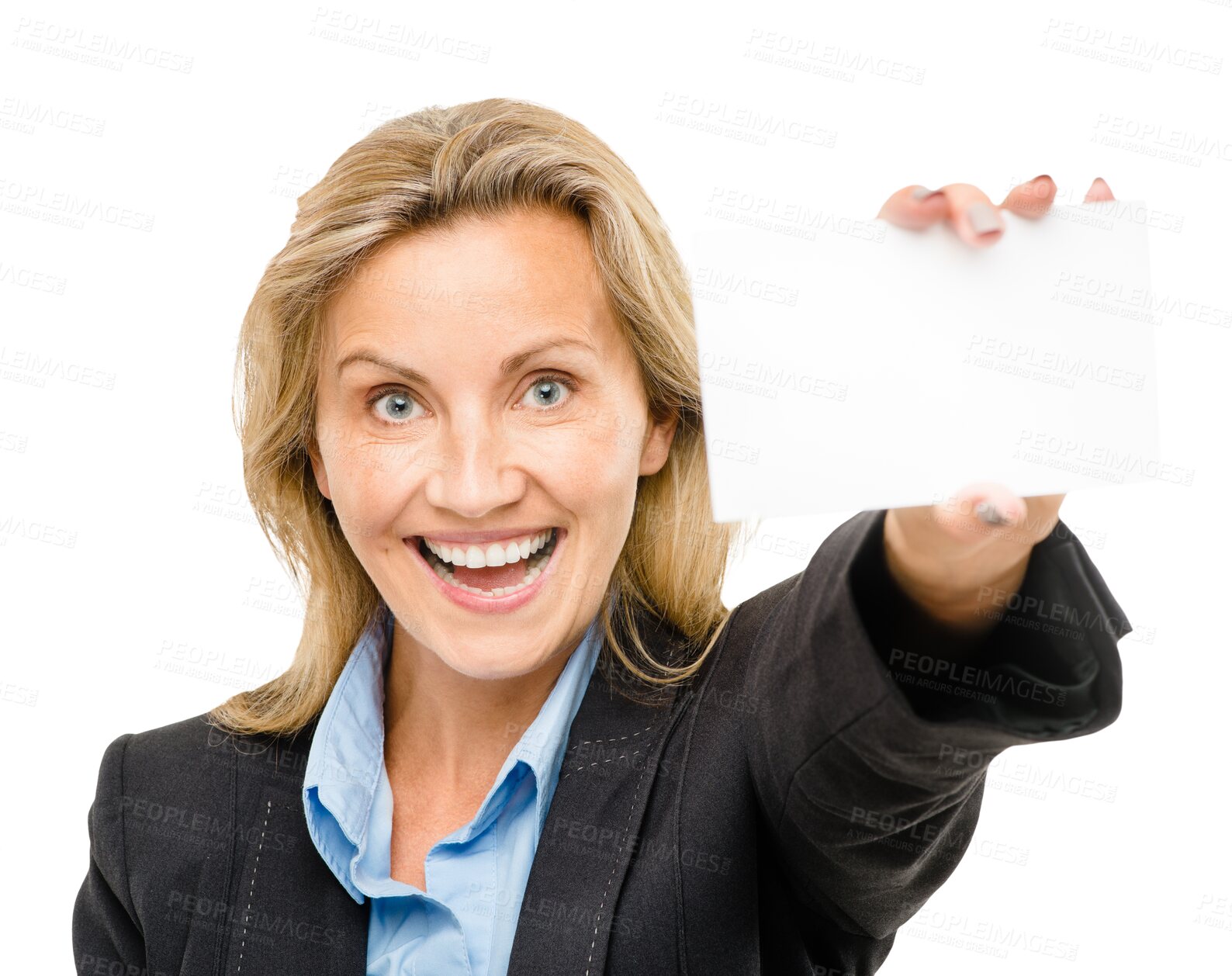 Buy stock photo Excited, portrait and woman with business card mockup for marketing, promotion or advertising. Happy, placard and professional female person with empty space paper by transparent png background.