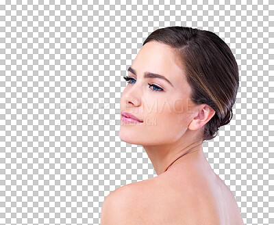 Buy stock photo Face, beauty and skincare cosmetics with woman isolated on transparent background for wellness. Aesthetic, facial or makeup with confident or natural young model at spa for salon treatment on PNG
