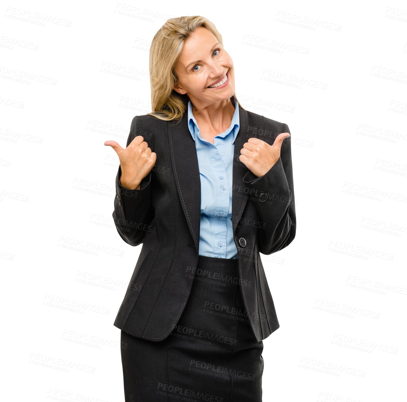 Buy stock photo Happy, thumbs up and portrait of business woman with good news, approval and agreement. Excited, smile and professional female person with satisfaction hand gesture by transparent png background.