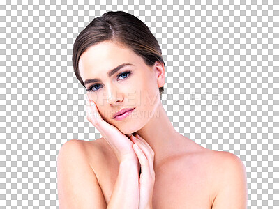 Buy stock photo Portrait, skincare and woman touch face, glow and shine isolated on a transparent png background. Cosmetics, hands and makeup of serious female person with facial dermatology, wellness and beauty