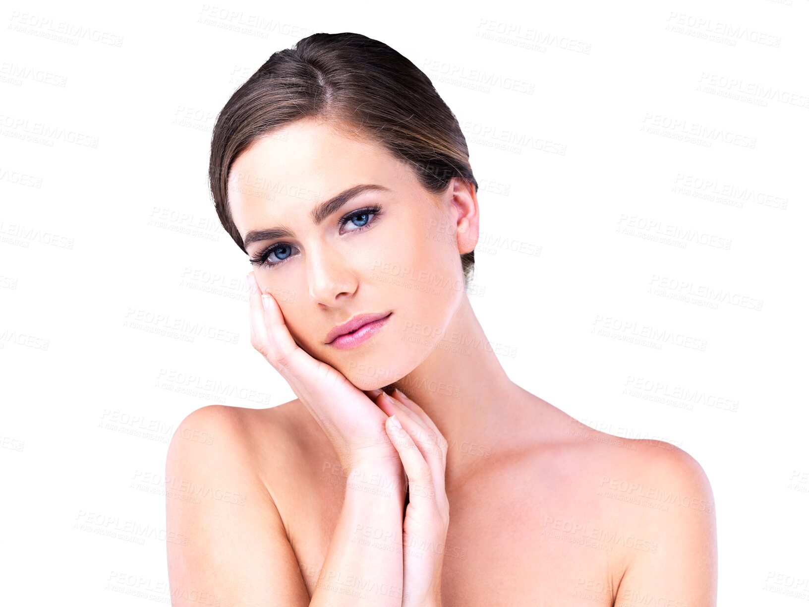 Buy stock photo Portrait, skincare and woman touch face, glow and shine isolated on a transparent png background. Cosmetics, hands and makeup of serious female person with facial dermatology, wellness and beauty