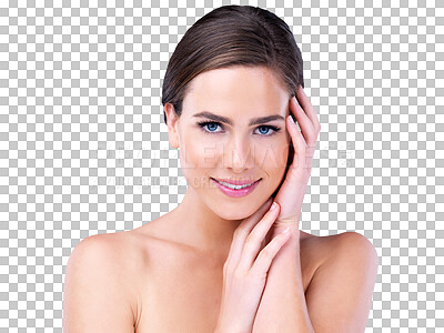 Buy stock photo Skincare, beauty and portrait of woman with natural, health and wellness facial routine. Smile, cosmetic and young female person with face dermatology treatment isolated by transparent png background
