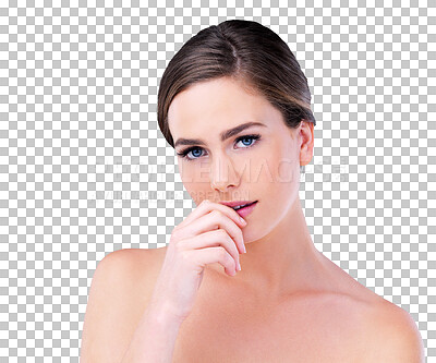 Buy stock photo Beauty, makeup and portrait of woman with cosmetics, confidence and isolated on transparent png background. Dermatology, natural skincare and face of girl with skin glow, wellness and healthy facial.
