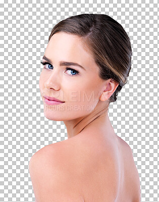Buy stock photo Dermatology, skincare and portrait of woman with confidence, cosmetics and isolated on transparent png background. Beauty, natural makeup and face of girl with skin glow, wellness and healthy facial.