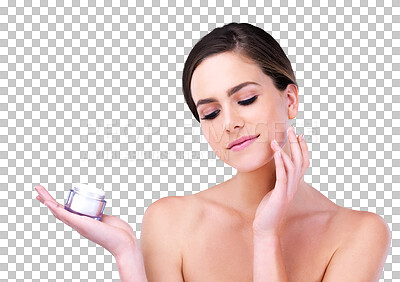 Buy stock photo Beauty, cream and woman with jar, skincare product placement and isolated on transparent png background. Dermatology, cosmetics and face of girl with skin lotion, collagen and facial glow treatment.