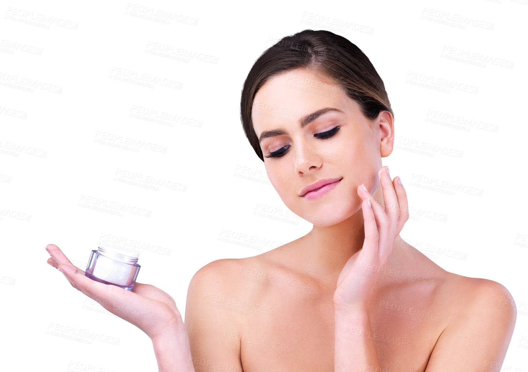 Buy stock photo Beauty, cream and woman with jar, skincare product placement and isolated on transparent png background. Dermatology, cosmetics and face of girl with skin lotion, collagen and facial glow treatment.