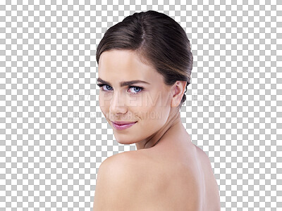 Buy stock photo Portrait, skincare and beauty of woman, glow and back isolated on a transparent png background. Cosmetics, face and young female person in makeup for facial dermatology, wellness and healthy skin