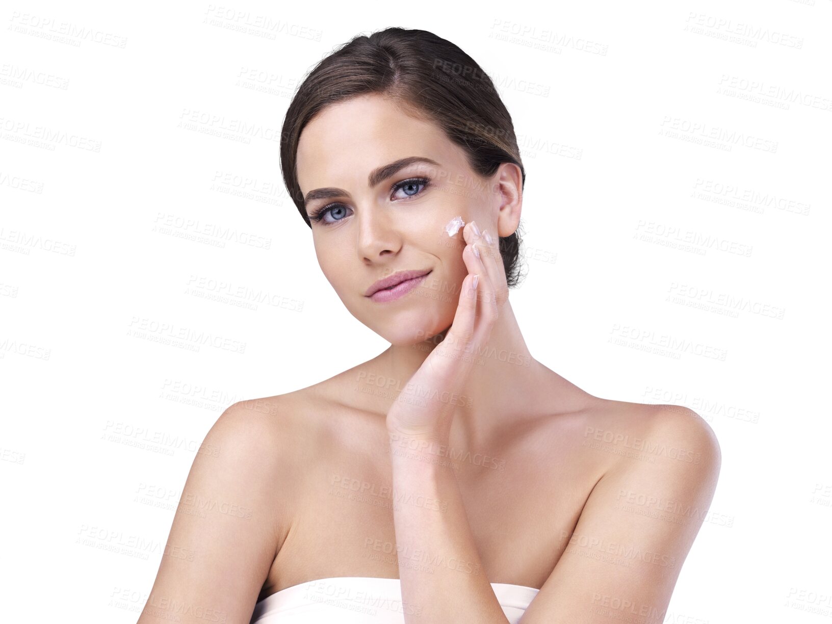Buy stock photo Beauty, dermatology and woman with cream on face, collagen and isolated on transparent png background. Skincare, natural cosmetics and portrait of girl with skin glow, wellness and healthy facial.