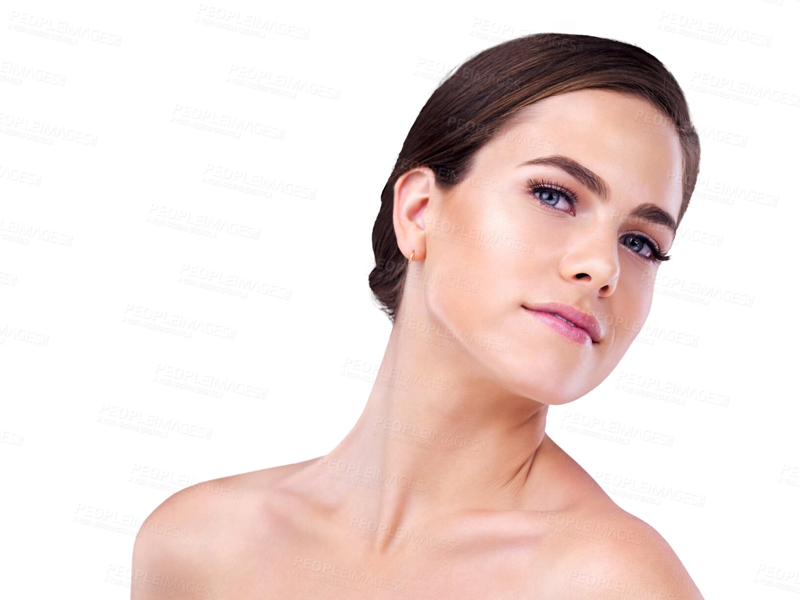 Buy stock photo Makeup, skincare and portrait of woman with cosmetics, confidence and isolated on transparent png background. Dermatology, natural beauty and face of girl with skin glow, wellness and healthy facial.