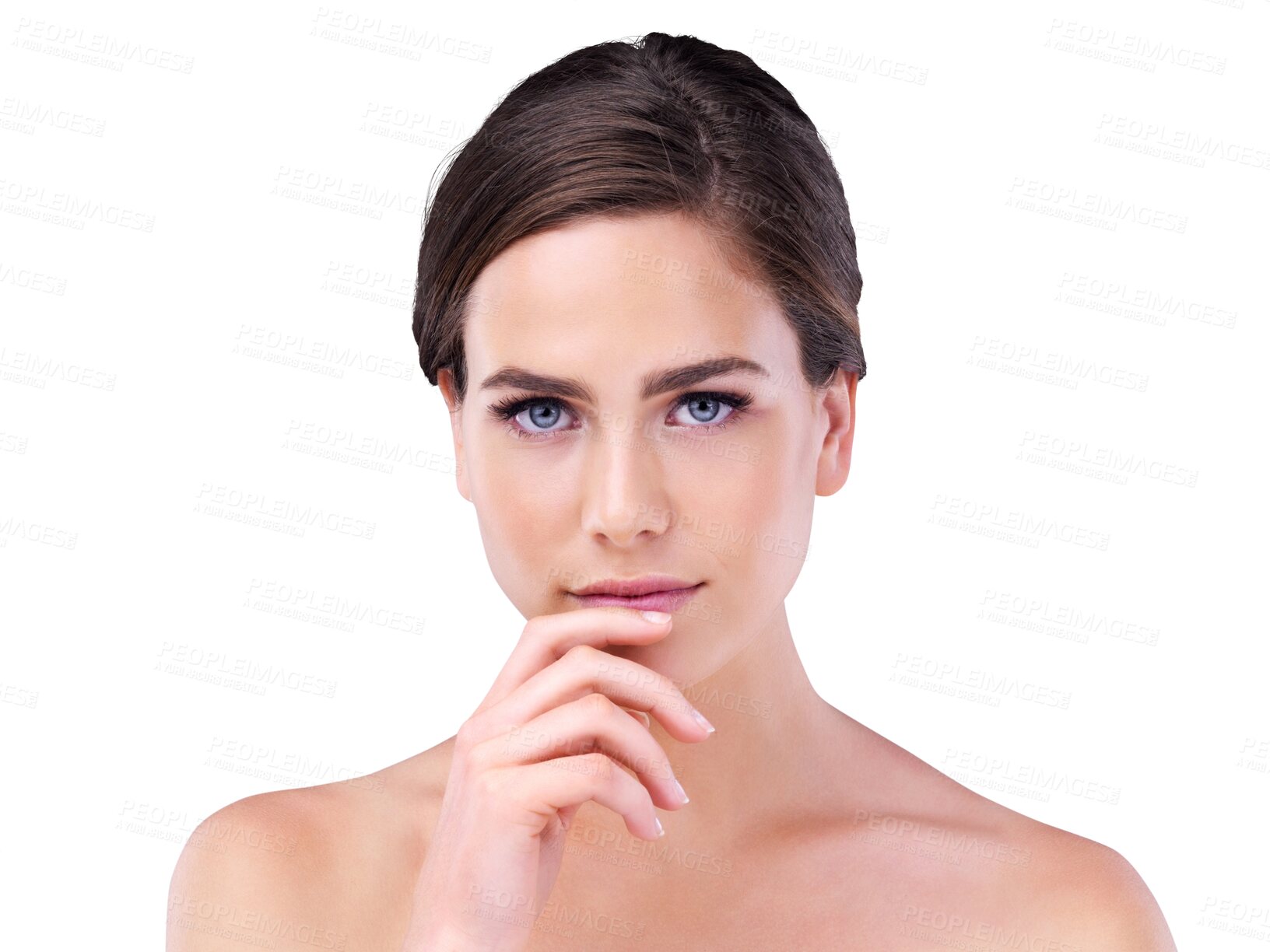 Buy stock photo Makeup, skincare and portrait of woman thinking of beauty, glow or shine isolated on a transparent png background. Cosmetics, face or person with idea for facial dermatology, wellness or healthy skin