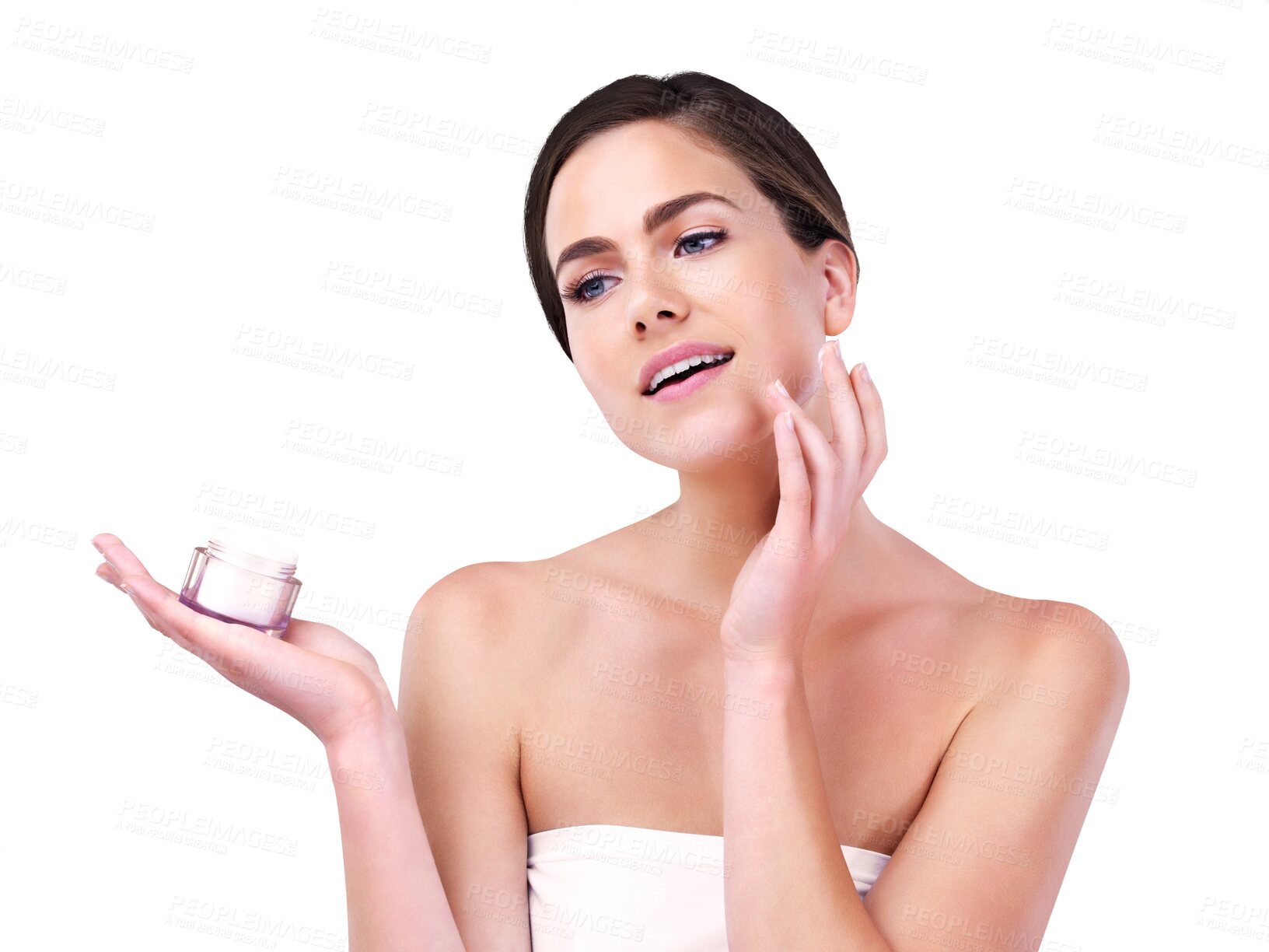 Buy stock photo Beauty, cream and woman with jar, cosmetics and product placement isolated on transparent png background. Dermatology, skincare and face of girl with skin lotion, collagen and facial glow treatment.