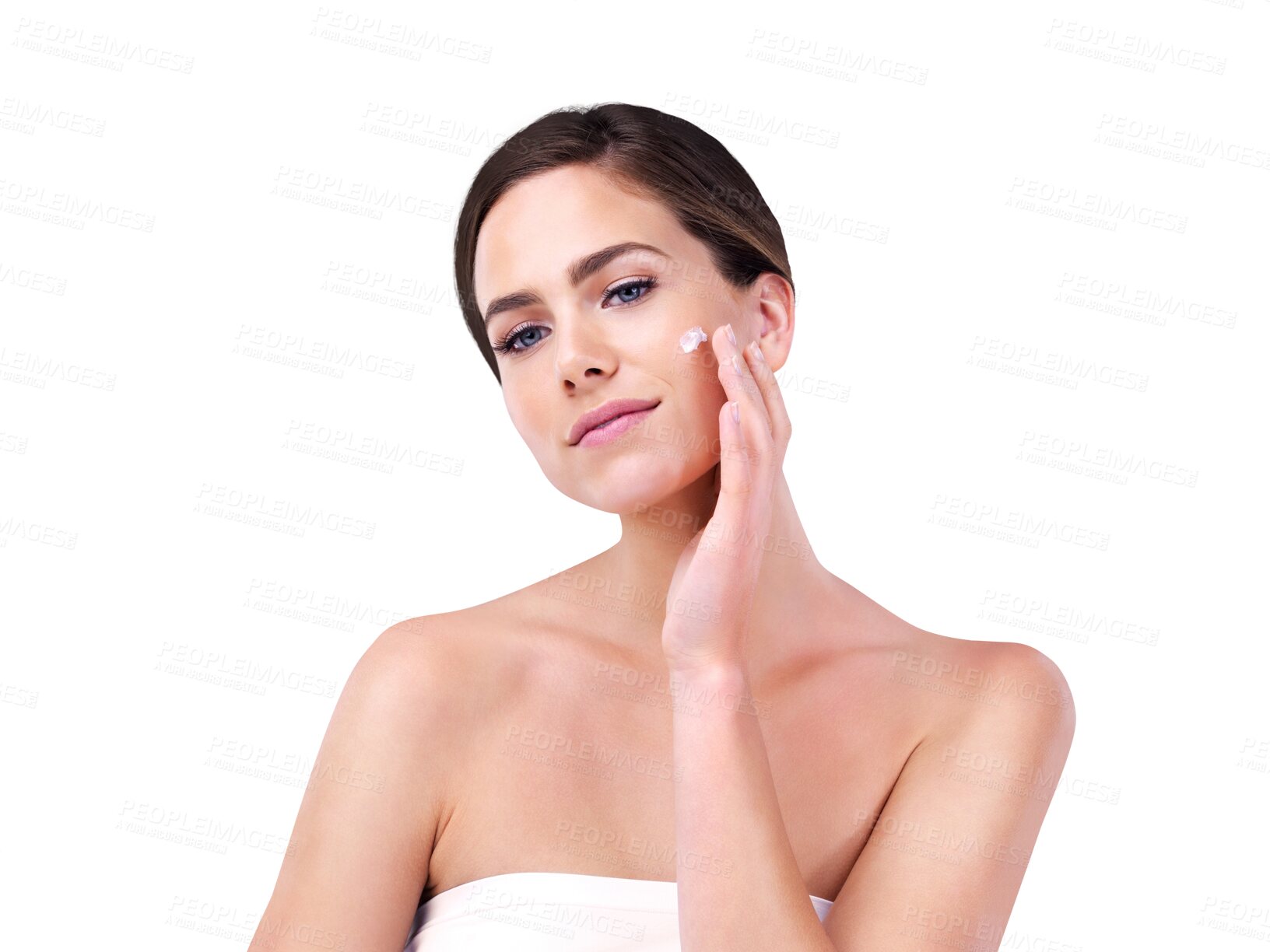 Buy stock photo Beauty, skincare and woman with cream on face, collagen and isolated on transparent png background. Dermatology, natural cosmetics and portrait of girl with skin glow, wellness and healthy facial.