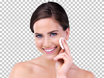 Buy stock photo Skincare, portrait and woman with cotton pad, cosmetics and beauty isolated on transparent png background. Dermatology, cleaning makeup and face of girl with skin wipe, wellness and healthy facial