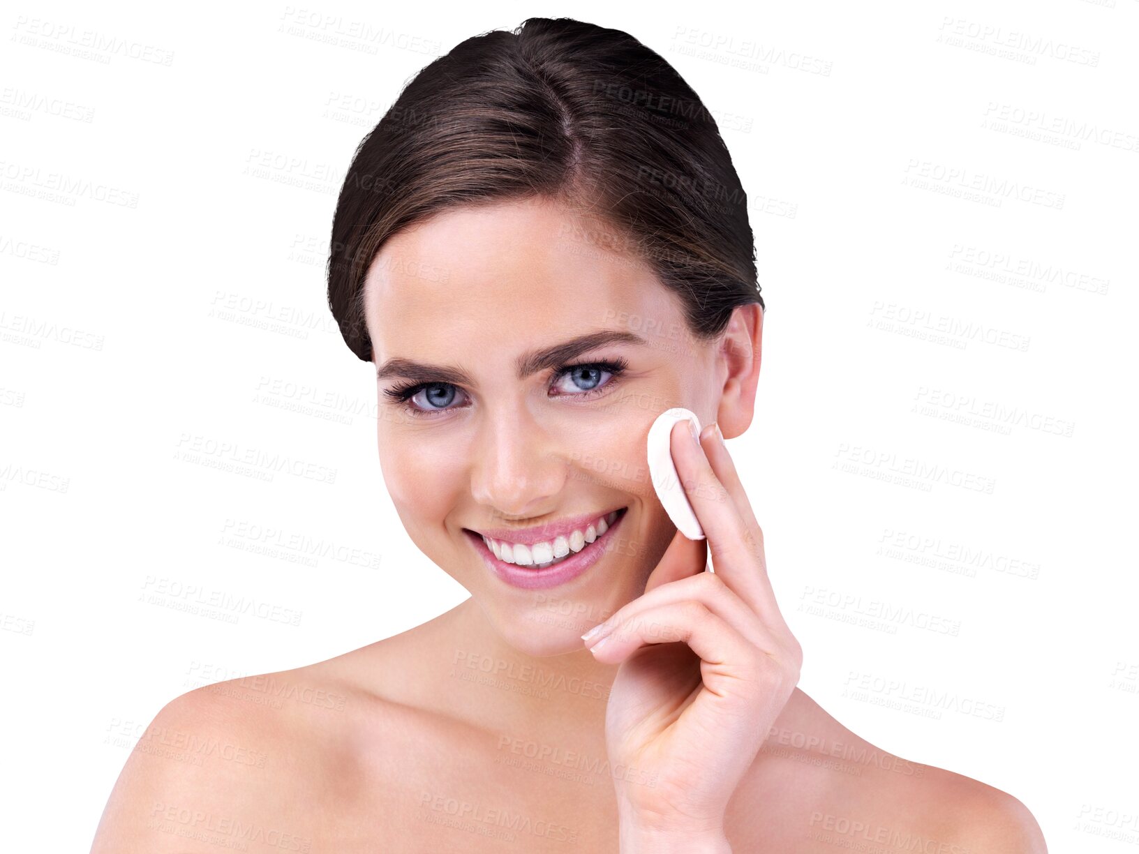 Buy stock photo Skincare, portrait and woman with cotton pad, cosmetics and beauty isolated on transparent png background. Dermatology, cleaning makeup and face of girl with skin wipe, wellness and healthy facial