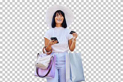 Buy stock photo Woman, shopping bags and phone payment with credit card, luxury and fashion on isolated transparent png background. Online purchase, clothes and excited with smartphone to spend and happy customer. 