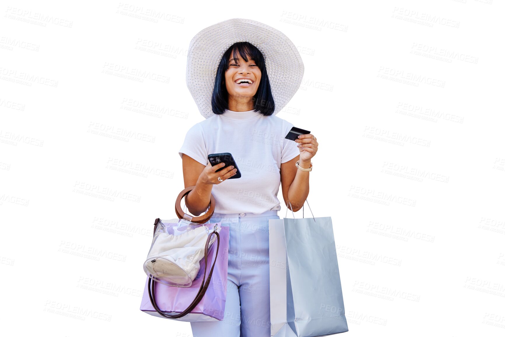 Buy stock photo Woman, shopping bags and phone payment with credit card, luxury and fashion on isolated transparent png background. Online purchase, clothes and excited with smartphone to spend and happy customer. 