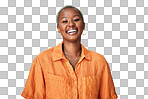 Smile, laugh and portrait of black woman laughing in studio at s