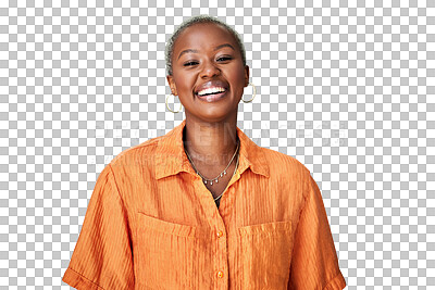 Buy stock photo Happy, excited and portrait of young black woman with positive, good and confident attitude. Laughing, goofy and African female person with comic, funny and comedy joke by transparent png background.