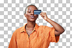 Shopping, credit card and black woman in studio for banking, sav