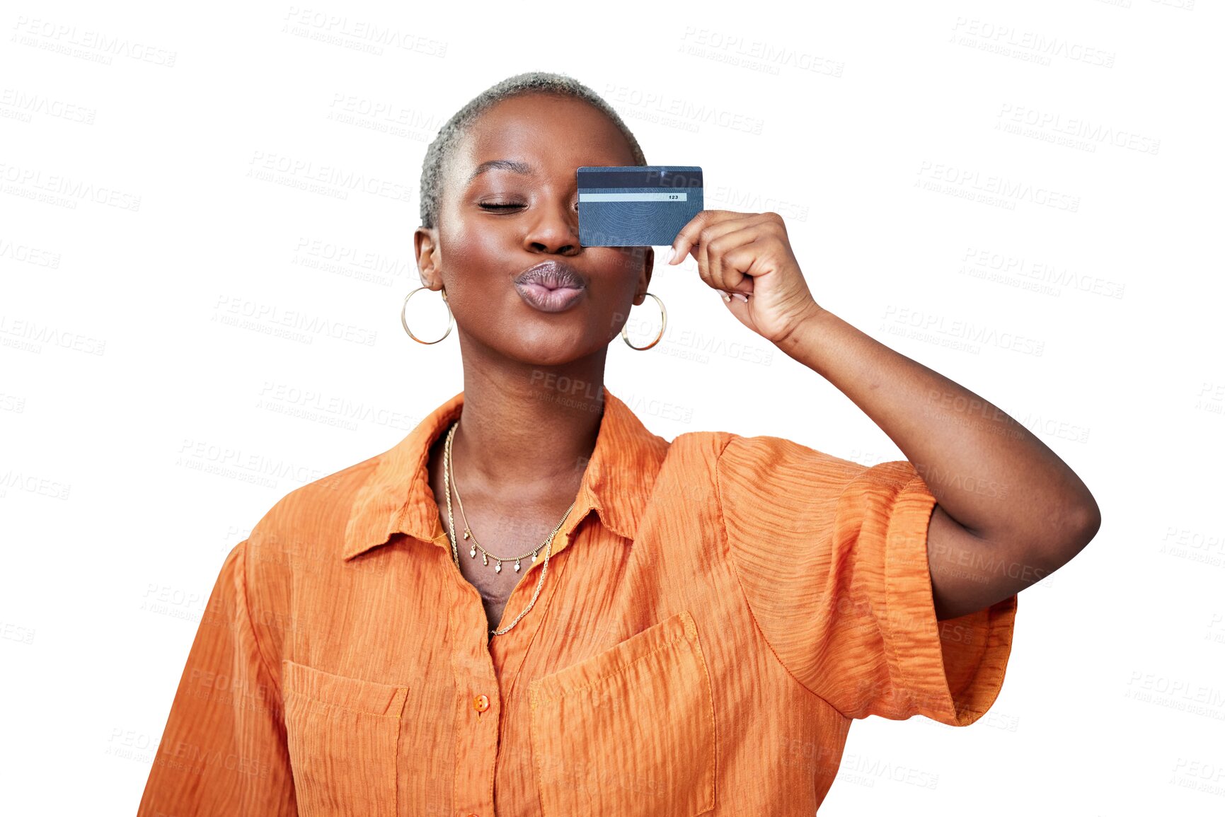 Buy stock photo Woman, kiss and face with credit card for payment of retail shopping, finance and consumer with happiness. Black person, customer and financial deal or discount isolated on png transparent background