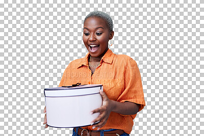 Buy stock photo Present, box and black woman with surprise for birthday on transparent, isolated or png background. Wow, excited and girl with shock for gift, package or winner smile for giveaway with fashion